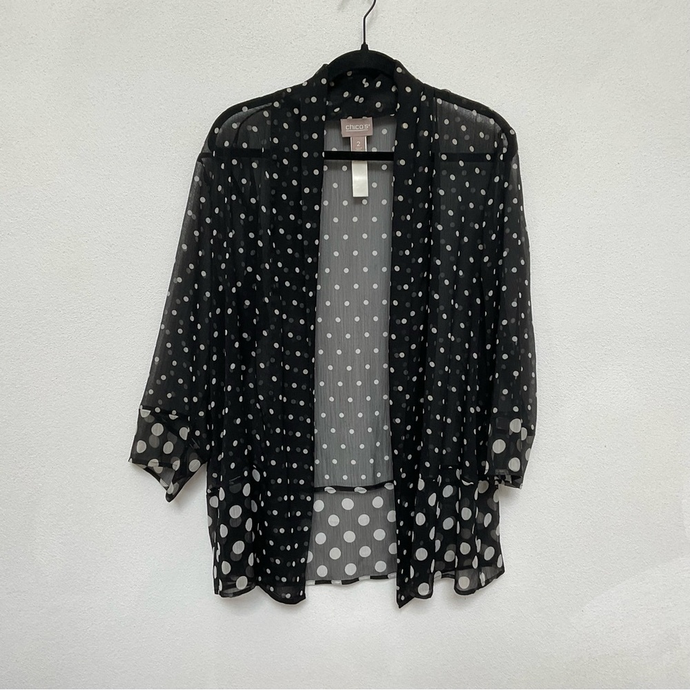 Chico's Sheer Black, Cream Polka Open Front Sleeved Cardigan Size 2 US L/12